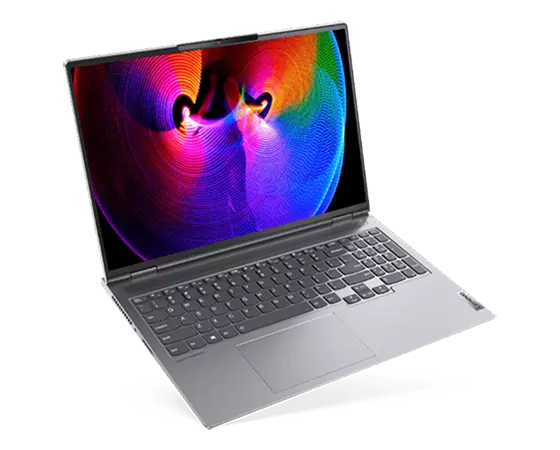 Portable Lenovo ThinkBook 16p Gen 2 (16'' AMD), vue avant gauche légèrement de dessus et de trois quarts, avec capot ouvert et lignes colorées dessinant un motif ovale à l’écran