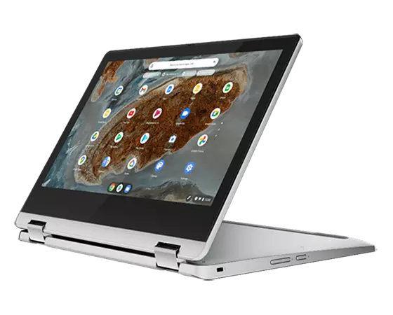 IdeaPad Flex 3 Chromebook Gen 6 (11'' MTK) stand mode, front facing at left angle, screen on