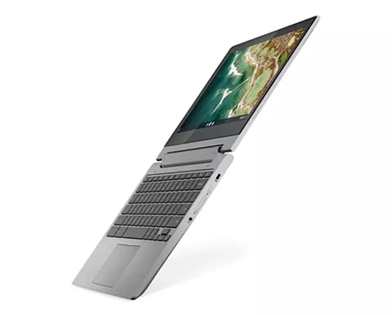 Left three-quarter view of Lenovo IdeaPad Flex 3 Chromebook 11 MTK open 180 degrees