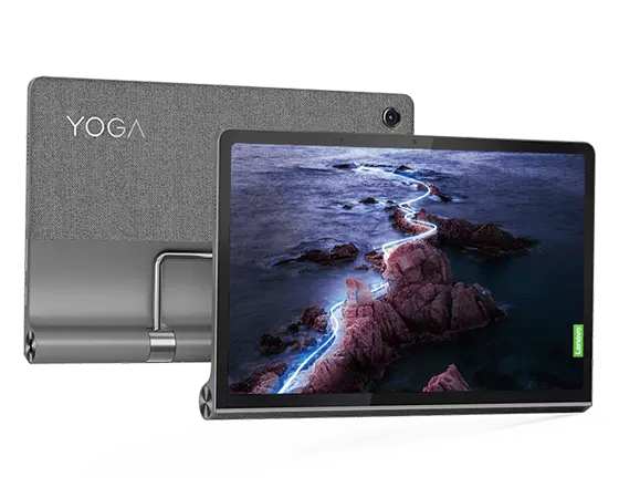 Zwei Lenovo Yoga Tab 11 Tablets – Schrägansicht der versetzt angeordneten Vorder- und Rückseiten