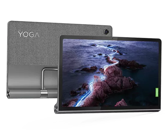 Two Lenovo Yoga Tab 11 tablets—staggered front and rear views