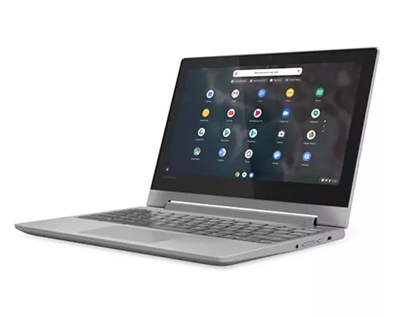 Front left three-quarter view of Lenovo IdeaPad Flex 3 Chromebook 11 MTK set in laptop mode