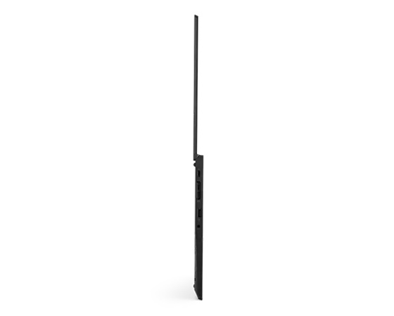 Left side view of black Lenovo ThinkPad L13 Gen 2 open 180 degrees
