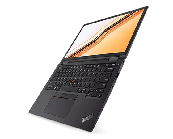 ThinkPad X13 Yoga Gen (13” , Intel) laptop – ¾ front/right view in laptop mode, with cover open flat
