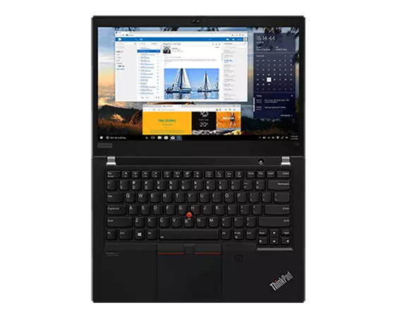 Vue avant de dessus d’un portable ThinkPad T14 (14″ Intel) entièrement ouvert, Windows 10 à l’écran