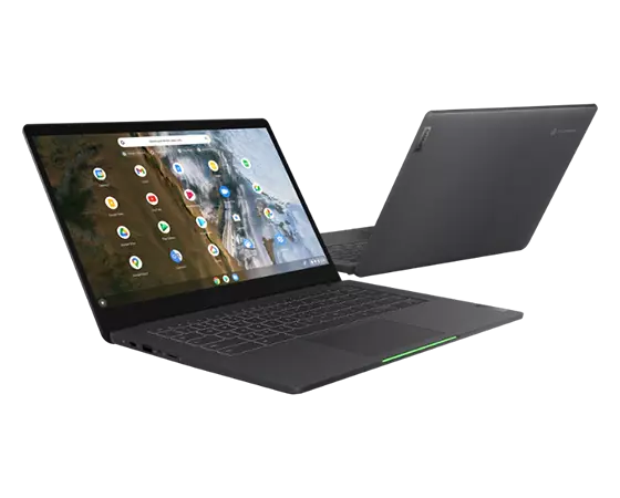 Two views of the IdeaPad 5i Chromebook Gen 6 (14” Intel), a front view showing the display and keyboard, and a back angle view showing the top cover
