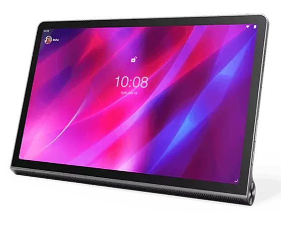 Lenovo Yoga Tab 11 Tablet – Dreiviertelansicht von rechts vorne, mit Sperrbildschirm auf dem Display