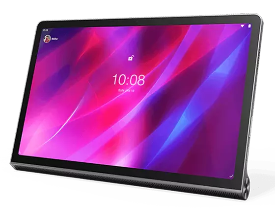 Lenovo Yoga Tab 11-tablet: 3/4 rechtervooraanzicht, met vergrendelingsscherm ingeschakeld