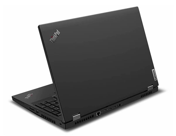 Back side of Black Lenovo ThinkPad T15g Gen 2 open 70 degrees showing top cover, ThinkPad logo, rear- and right-side ports.