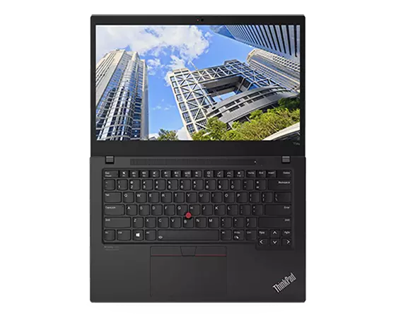 Overhead shot of Black Lenovo ThinkPad T14s Gen 2 (14” AMD) laptop open 180 degrees showing keyboard and display.