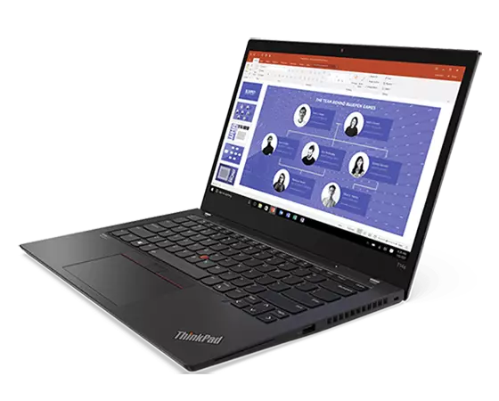 Black Lenovo ThinkPad T14s Gen 2 (14” AMD) laptop open 90 degrees, angled to show right-side ports, keyboard, and display.