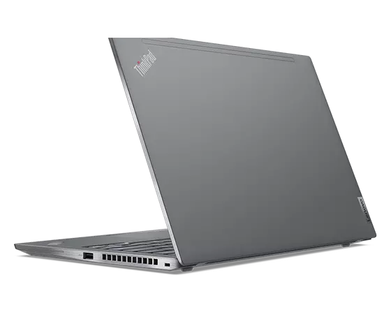 Back side of Lenovo ThinkPad T14s Gen 2 (14” AMD) laptop in Storm Grey, angled slightly to show right-side ports and partial keyboard.