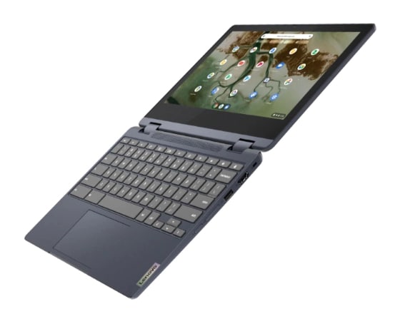 Vue de trois quarts gauche du Chromebook IdeaPad Flex 3i Gen 6 (11'' Intel) Abyss Blue ouvert à 180 degrés