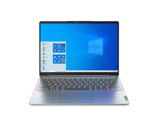 Vue avant de l'IdeaPad 5 Pro Gen 6 (14" AMD) gris nuage avec le couvercle ouvert et le menu Windows affiché, ordinateur portable incliné pour montrer le clavier