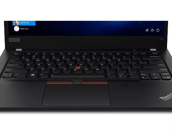 Gros plan du TrackPoint et du pavé tactile de l’ordinateur portable Lenovo ThinkPad T14 Gen 2 35,56 cm (14'') AMD Black.