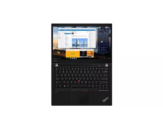 Vue de dessus de l’ordinateur portable Lenovo ThinkPad T14 Gen 2 35,56 cm (14'') AMD ouvert à 180 degrés, montrant le clavier et l’écran.