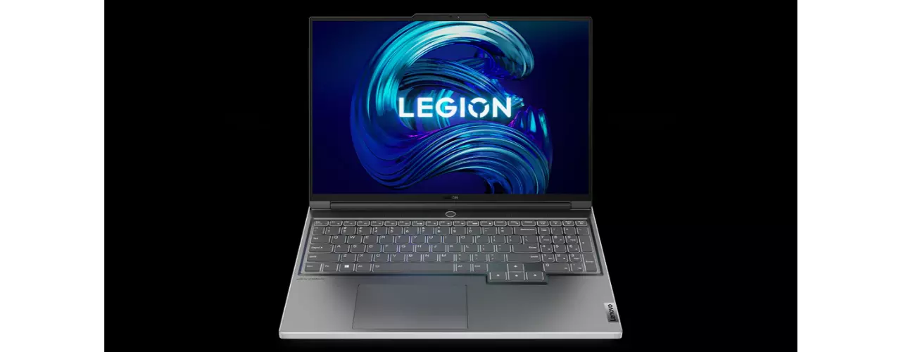Legion Slim 7i Gen 7 front facing with Windows 11 on screen and white keyboard backlight on
