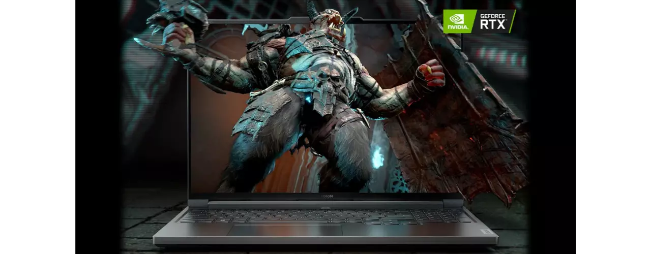 Legion Slim 7i Gen 7 with video game monster exploding from screen. NVIDIA® GeForce RTX™ badge