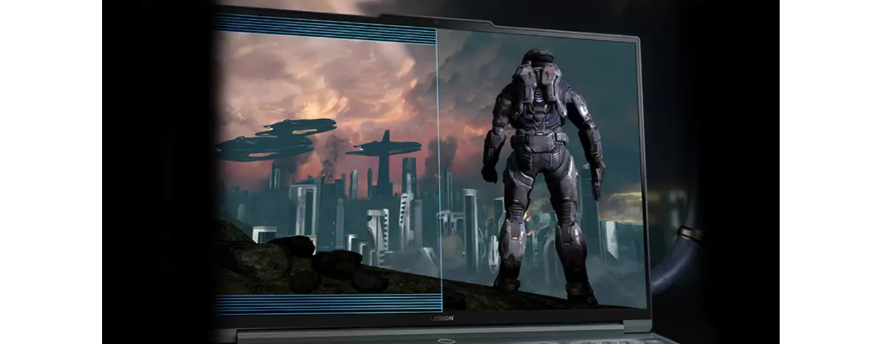 Legion Slim 7i Gen 7 closeup of 16:10 display and Halo Infinite on screen