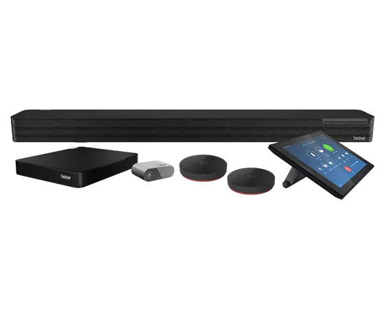 Lenovo ThinkSmart Core Full Room Kit for Zoom Rooms: Core computing device, Cam, optional mic pods, Controller display, and Bar.