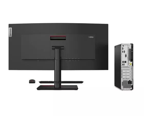 Vue arrière du Lenovo ThinkCentre M75s Gen 2 posé à côté d’un moniteur, d’un clavier et d’une souris