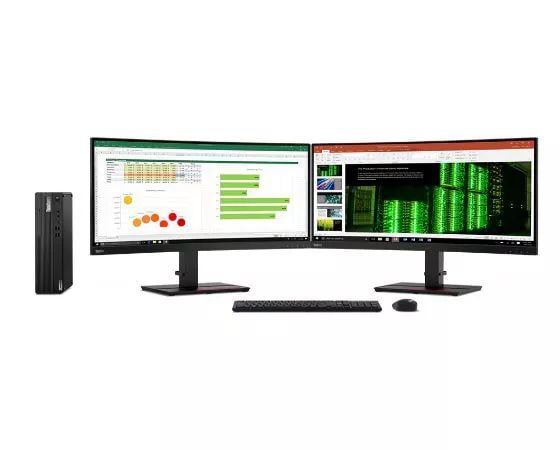 Lenovo ThinkCentre M75s Gen 2 placed next to dual monitor, keyboard and mouse