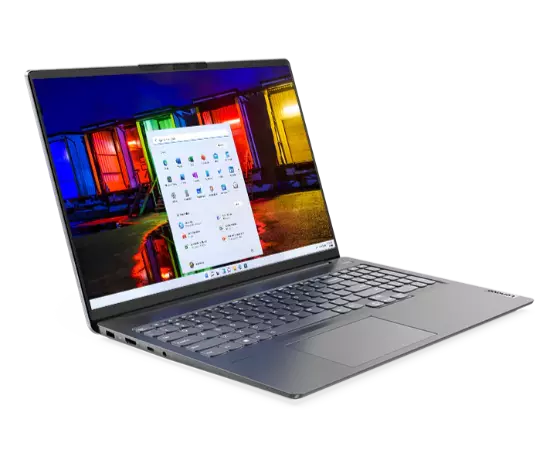 IdeaPad Creator 5 Gen 6 (16” AMD) laptop – ¾ left-front view with lid open and colored patterns on screen