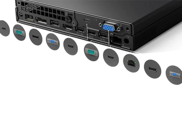 Close-up view of all Lenovo ThinkCentre M90q Gen 3 rear ports.