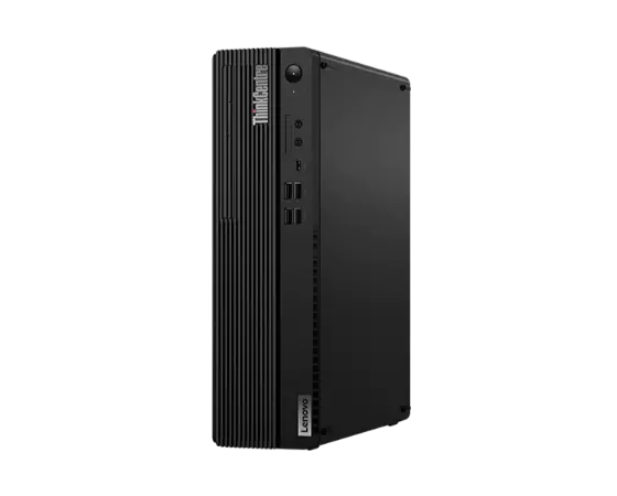 Right side view of Lenovo ThinkCentre M90s Gen 3 (Intel) small form factor desktop PC, stood vertically, showing ports and side panel.