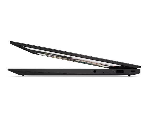Right side view of Lenovo ThinkPad X1 Carbon Gen 9 laptop open about 20 degrees.
