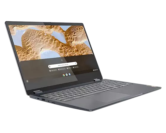 Front view of IdeaPad Flex 3i Chromebook in Arctic Grey facing to the right