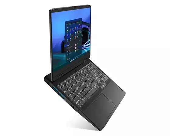 IdeaPad Gaming 3i Gen 7 facing right, floating, fully opened with Windows 11 on screen