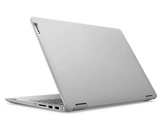 The 14” IdeaPad Flex 5i from the back right side, opened about 70 degrees, showing the hinge, the right-side ports, the cover, and part of the keyboard