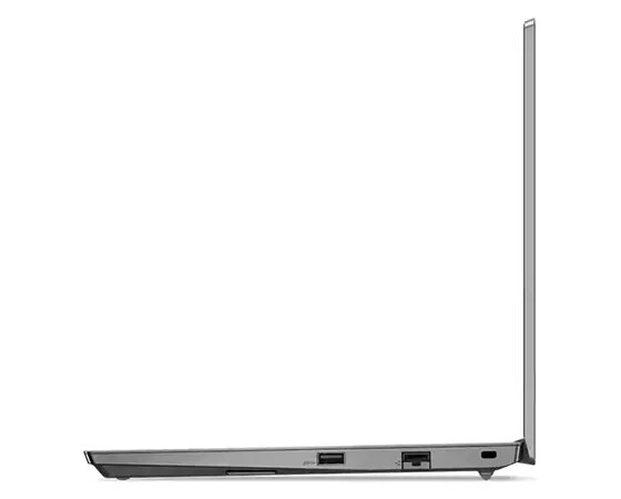 Right side view of Lenovo ThinkPad E14 Gen 4 (14” AMD) laptop, opened 90 degrees, showing display and keyboard edges, and ports