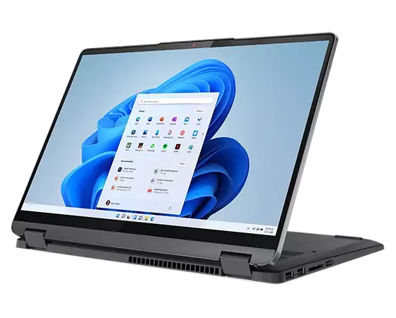 Angle view of the 14” IdeaPad Flex 5i in presentation mode, with an OS panel against a swirling blue shape on the display