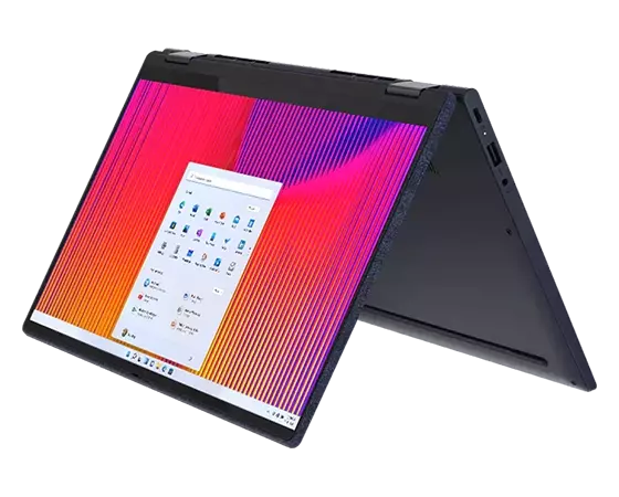 Yoga 6 Gen 6 (13″ AMD) Abyss Blue in stand mode front view, facing right