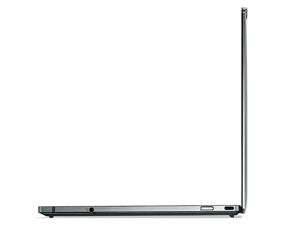 Vista del perfil superfino del lateral derecho del portátil Lenovo ThinkPad Z13 abierto en un ángulo de 90 grados.