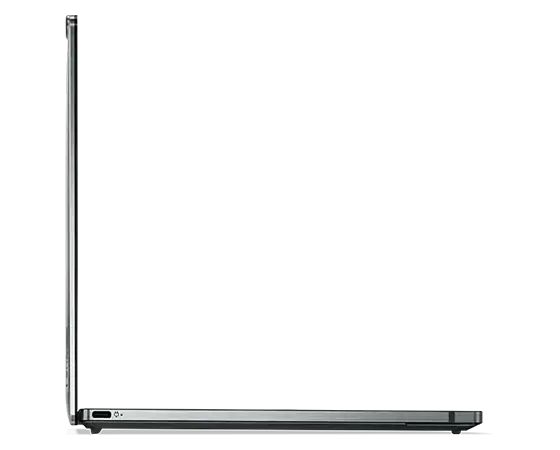 Vista del perfil superfino del lateral izquierdo del portátil Lenovo ThinkPad Z13 abierto en un ángulo de 90 grados.