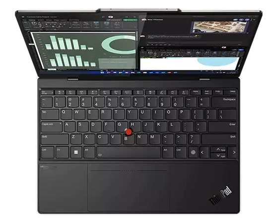 Vista superior del portátil Lenovo ThinkPad Z13 abierto en un ángulo de 90 grados y enfocando el teclado de borde a borde.