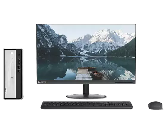 Vue latérale du Lenovo IdeaCentre 3 Intel à côté d’un moniteur, d’un clavier et d’une souris