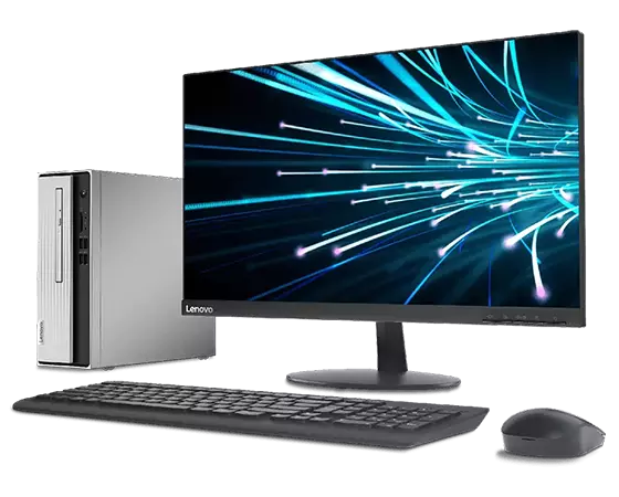 Lenovo IdeaCentre 3 Intel next to monitor, keyboard and mouse