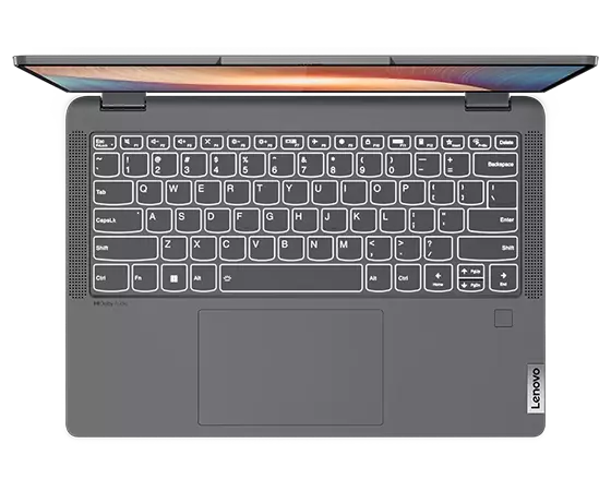Lenovo IdeaPad Flex 5 Gen 7 (14'' AMD) 2-in-1-Notebook – Ansicht der Tastatur von oben, Laptop-Modus, Deckel geöffnet