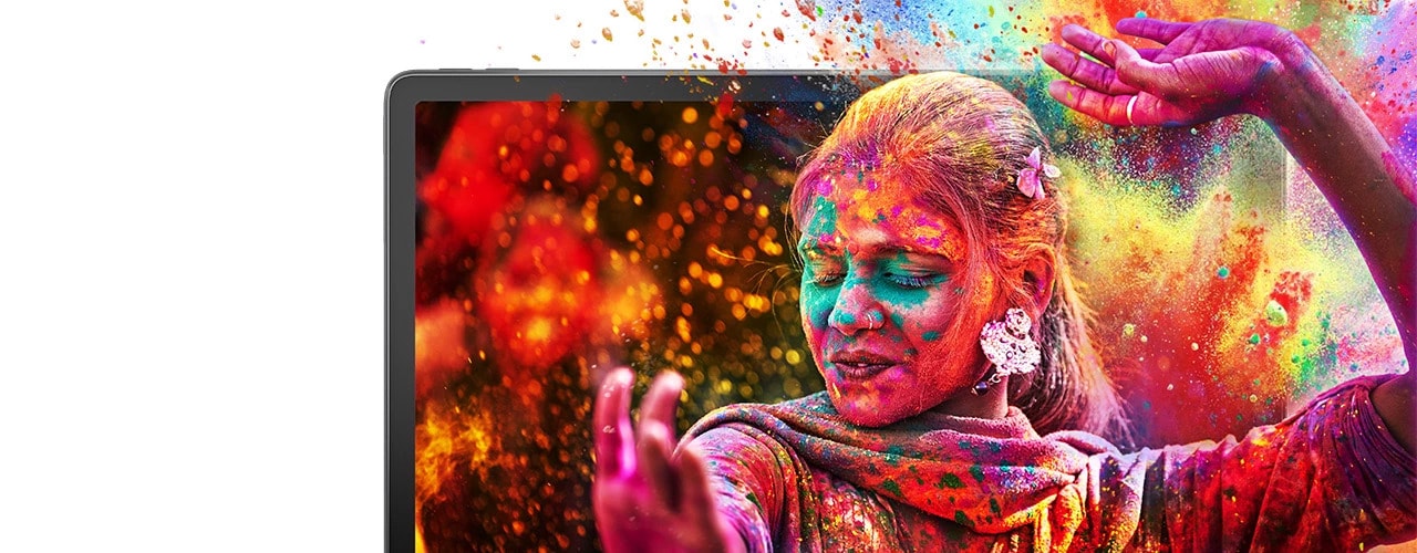 Lenovo Tab P11 tablet 2K display showing person covered in bright colors