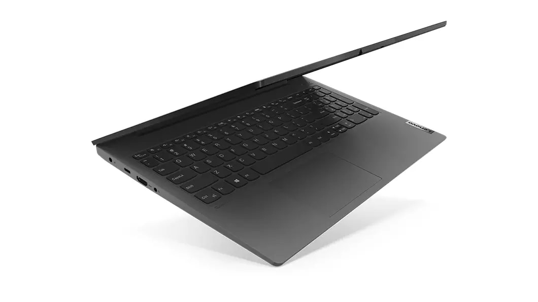 Aanzicht met ingeklapte grijze Lenovo IdeaPad 5 (15)-laptop