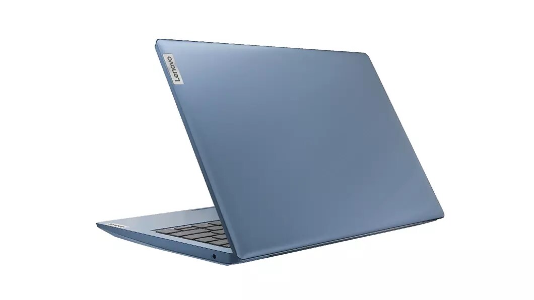 Rear angle view of the Lenovo IdeaPad S150 (11) laptop, ice blue color.