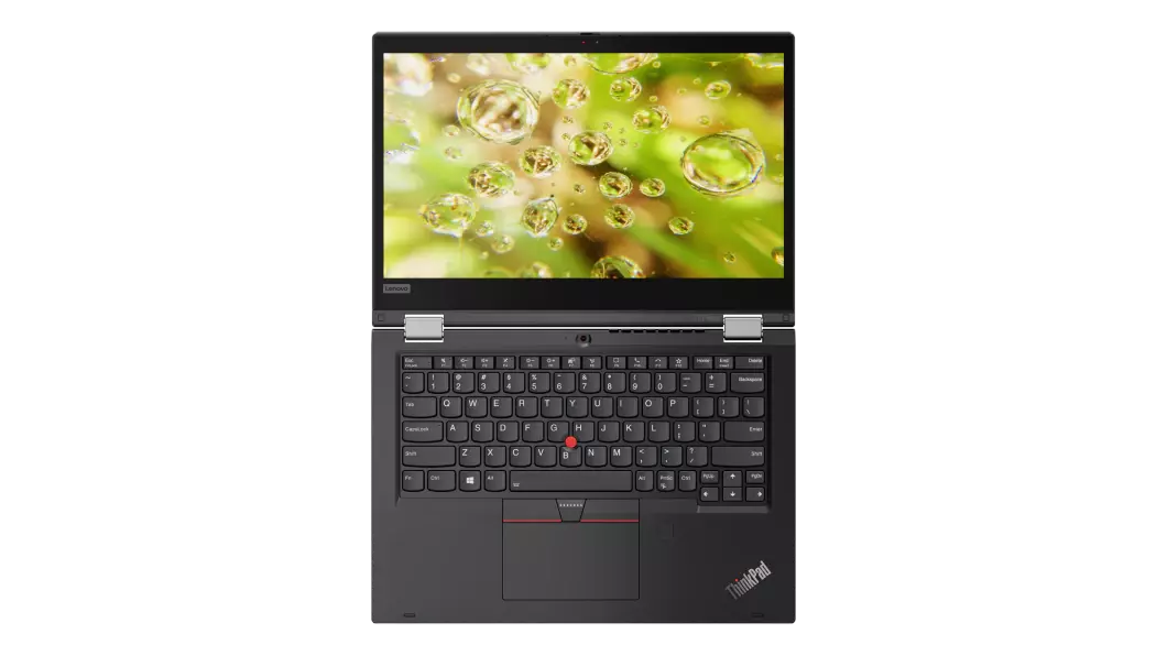 Vue avant du Lenovo ThinkPad L13 Yoga Gen 2, modèle noir ouvert à 180 degrés