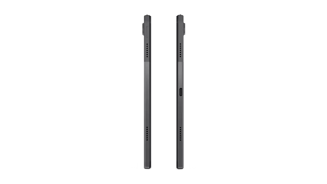 Two Lenovo Tab P11 Plus tablets—left and right short side views.