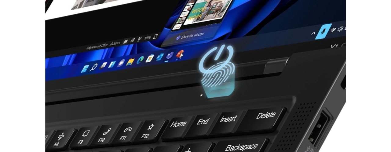 Detail of fingerprint reader integrated with power button on the Lenovo ThinkPad X1 Carbon Gen 10 laptop.