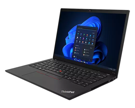 Vue avant du portable Lenovo ThinkPad P14s Gen 3 (14" amd) ouvert à 90 degrés et incliné pour montrer les ports du côté droit.