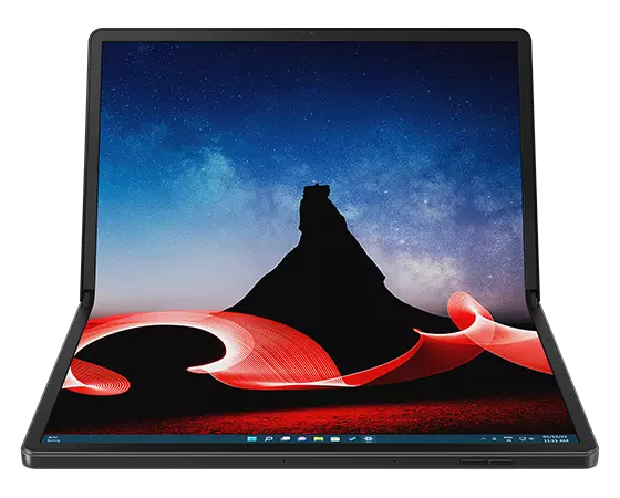 Foldable-Notebook Lenovo ThinkPad X1 Fold, Ansicht von vorne im Laptop-Modus (ohne Tastatur).